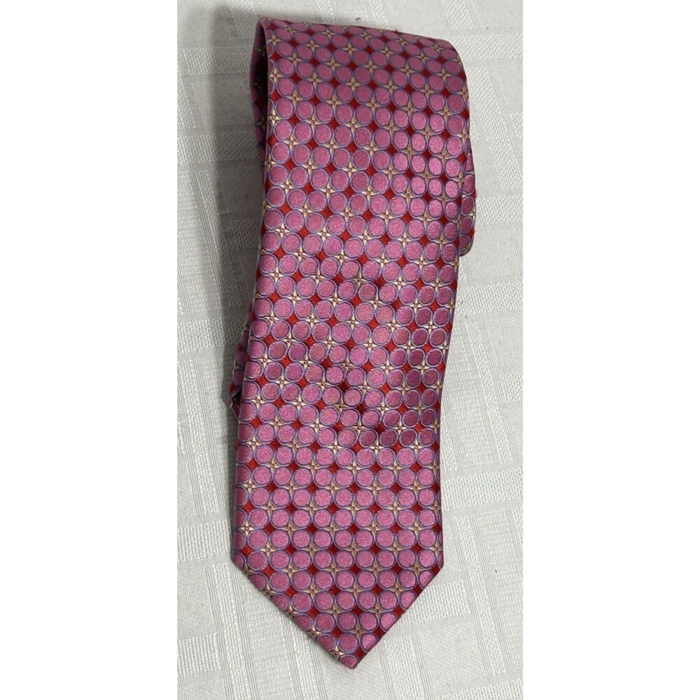 GEOFF NICHOLSON Made ITALY Tie Silk Tie Pink Dot Red Gold 100% Silk Necktie